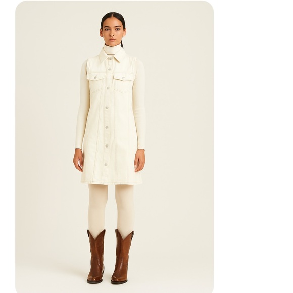 Zara Ivory Denim Sleeveless Snap Mini Dress/Long Line Vest Topstitching Sz LARGE - Picture 3 of 9